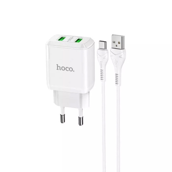СЗУ HOCO N6 2xUSB-A QC3.0 + кабель USB-A - USB-C, белое